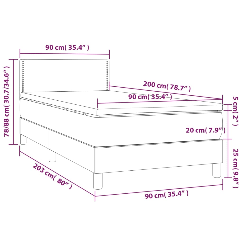 vidaXL Κρεβάτι Boxspring με Στρώμα & LED Μαύρο 90x200 εκ. Βελούδινο