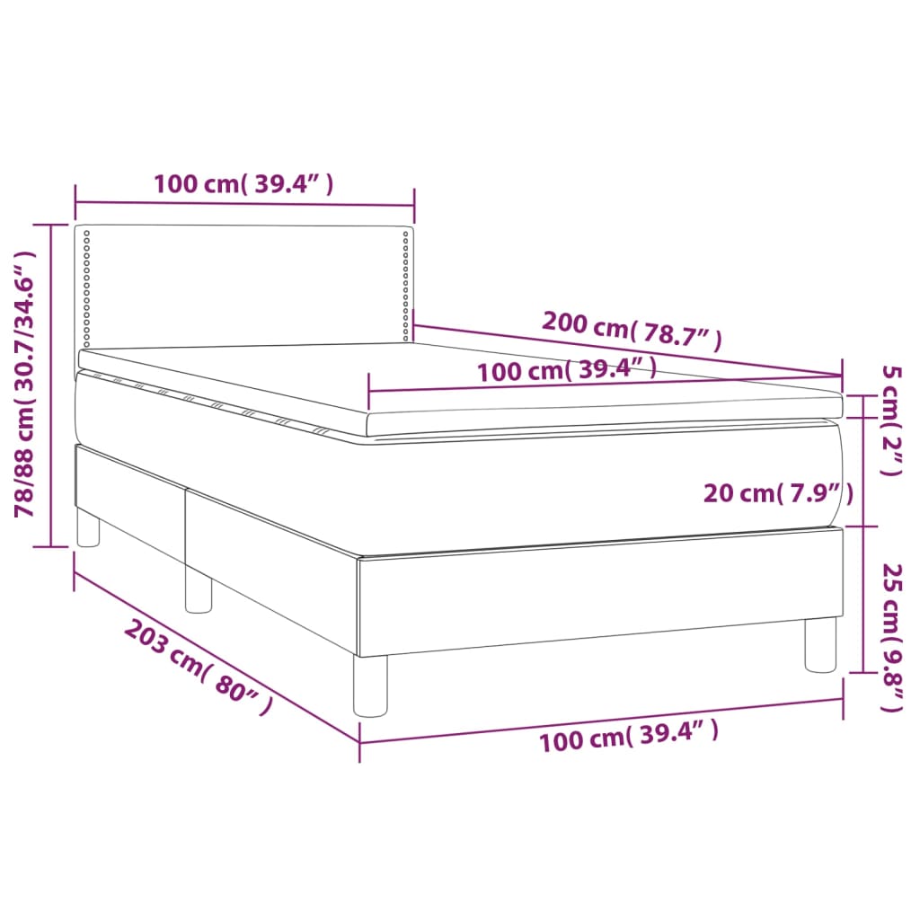 vidaXL Κρεβάτι Boxspring με Στρώμα & LED Αν.Γκρι 100x200 εκ. Βελούδινο