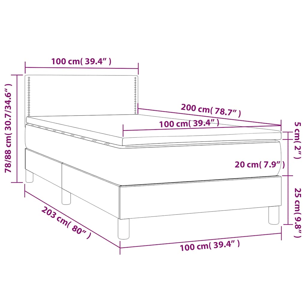 vidaXL Κρεβάτι Boxspring με Στρώμα & LED Σκ. Μπλε 100x200εκ. Βελούδινο