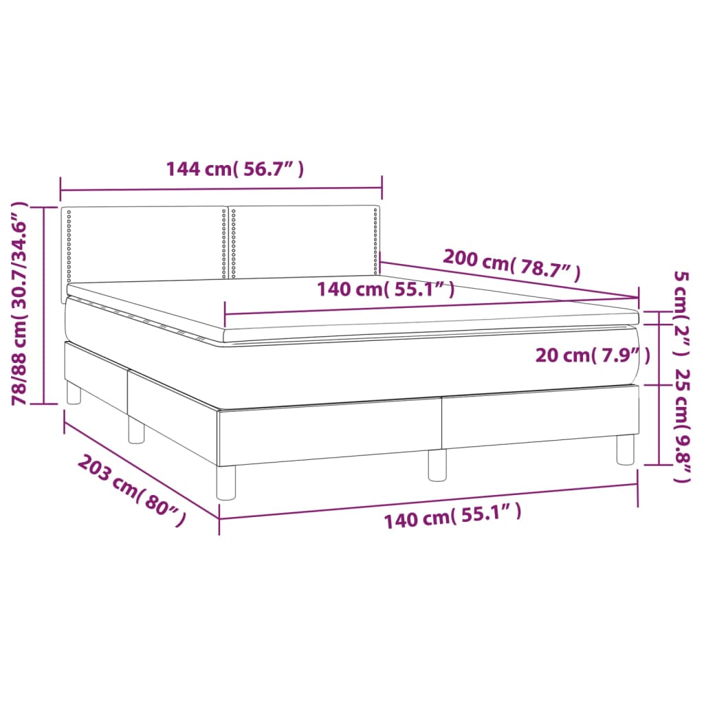 vidaXL Κρεβάτι Boxspring με Στρώμα & LED Σκ. Γκρι 140x200εκ. Βελούδινο