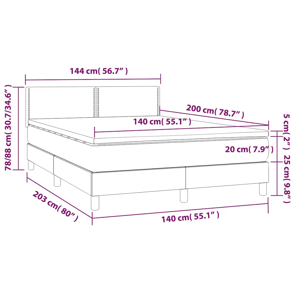 vidaXL Κρεβάτι Boxspring με Στρώμα & LED Μαύρο 140x200 εκ. Βελούδινο