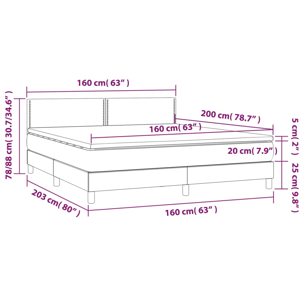vidaXL Κρεβάτι Boxspring με Στρώμα & LED Σκ. Γκρι 160x200εκ. Βελούδινο