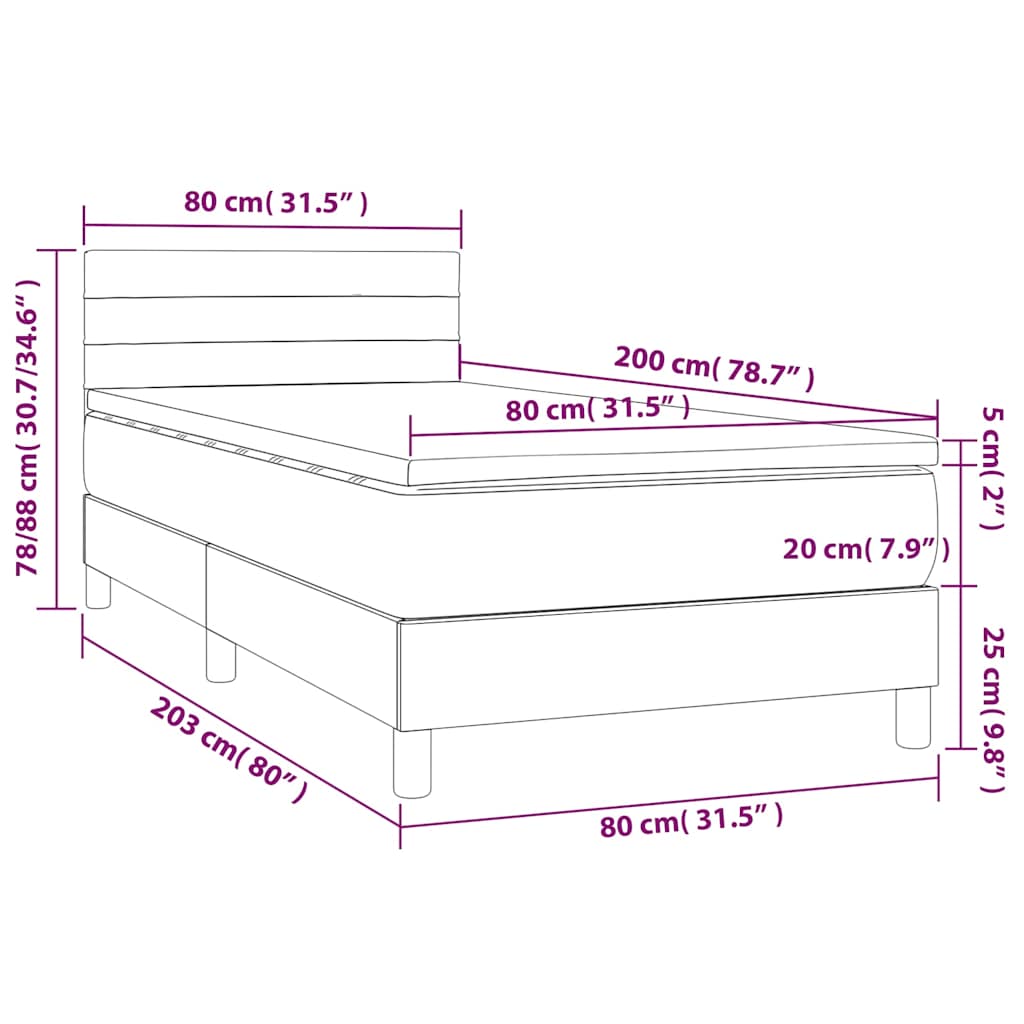 vidaXL Κρεβάτι Boxspring με Στρώμα & LED Μαύρο 80x200 εκ. Βελούδινο
