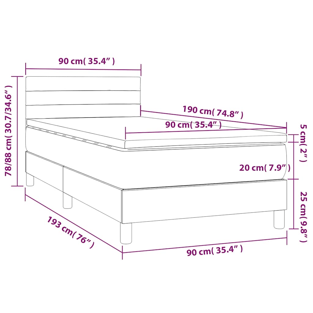 vidaXL Κρεβάτι Boxspring με Στρώμα & LED Σκ. Πράσινο 90x190 εκ Βελούδο