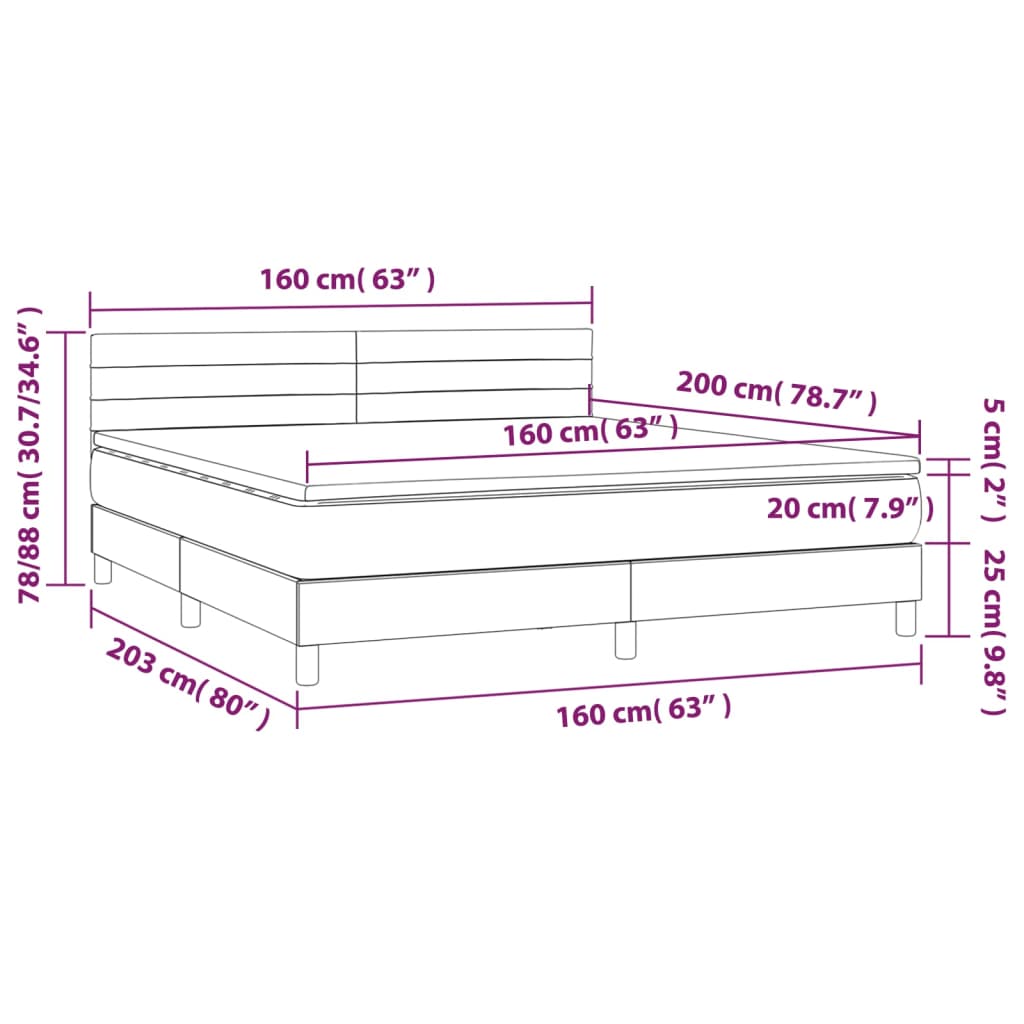 vidaXL Κρεβάτι Boxspring με Στρώμα & LED Αν.Γκρι 160x200 εκ. Βελούδινο