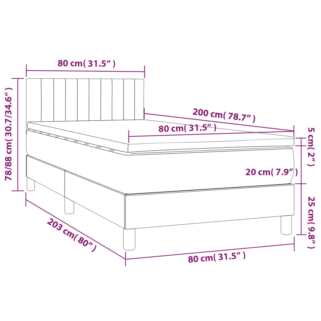 vidaXL Κρεβάτι Boxspring με Στρώμα & LED Σκ. Γκρι 80x200 εκ. Βελούδινο