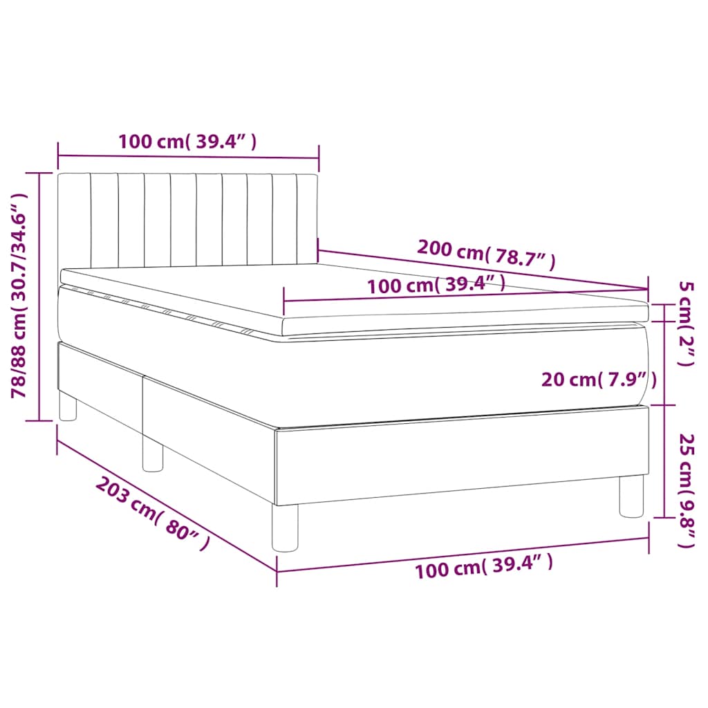 vidaXL Κρεβάτι Boxspring με Στρώμα & LED Σκ. Μπλε 100x200εκ. Βελούδινο