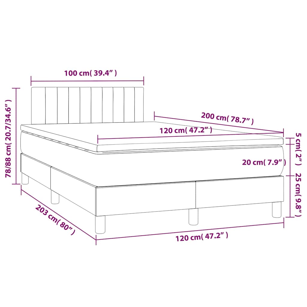 vidaXL Κρεβάτι Boxspring με Στρώμα & LED Σκ. Μπλε 120x200εκ. Βελούδινο