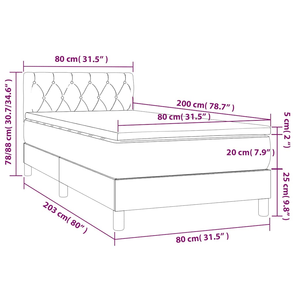 vidaXL Κρεβάτι Boxspring με Στρώμα & LED Μαύρο 80x200 εκ. Βελούδινο