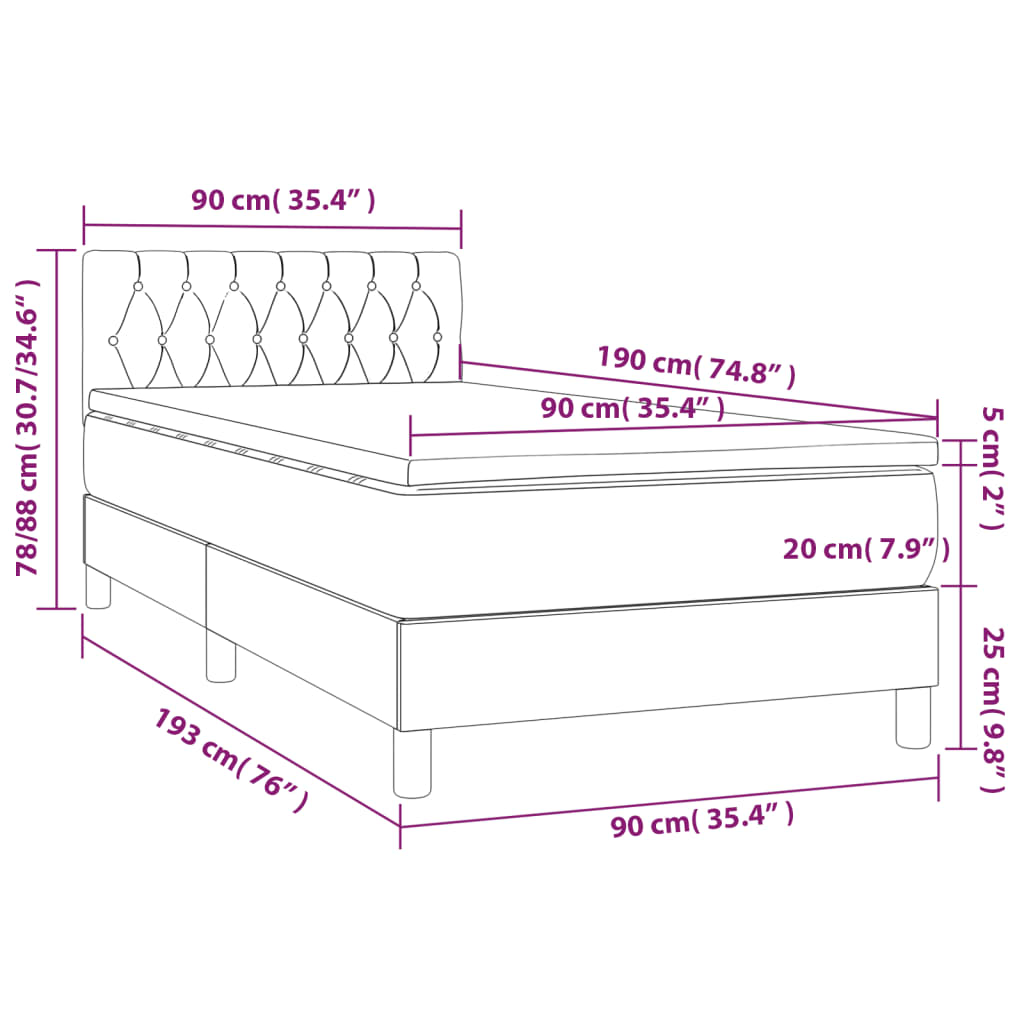 vidaXL Κρεβάτι Boxspring με Στρώμα & LED Ροζ 90x190 εκ. Βελούδινο