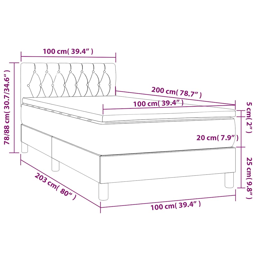 vidaXL Κρεβάτι Boxspring με Στρώμα & LED Σκ. Μπλε 100x200εκ. Βελούδινο