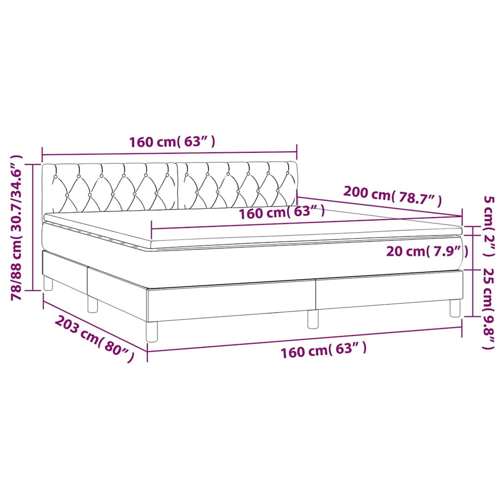 vidaXL Κρεβάτι Boxspring με Στρώμα & LED Σκ. Μπλε 160x200εκ. Βελούδινο