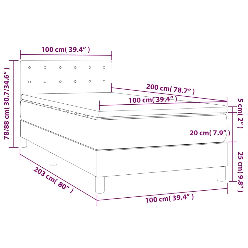 vidaXL Κρεβάτι Boxspring με Στρώμα & LED Σκ. Μπλε 100x200εκ. Βελούδινο
