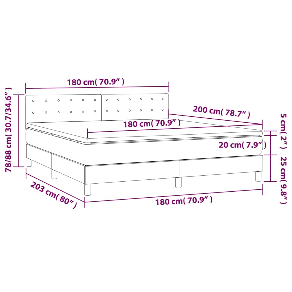 vidaXL Κρεβάτι Boxspring με Στρώμα & LED Σκ. Πράσινο 180x200εκ Βελούδο