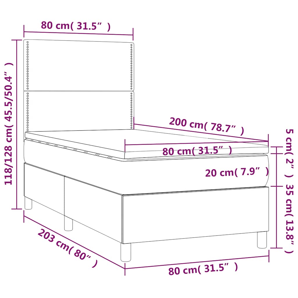 vidaXL Κρεβάτι Boxspring με Στρώμα & LED Μαύρο 80x200 εκ. Υφασμάτινο