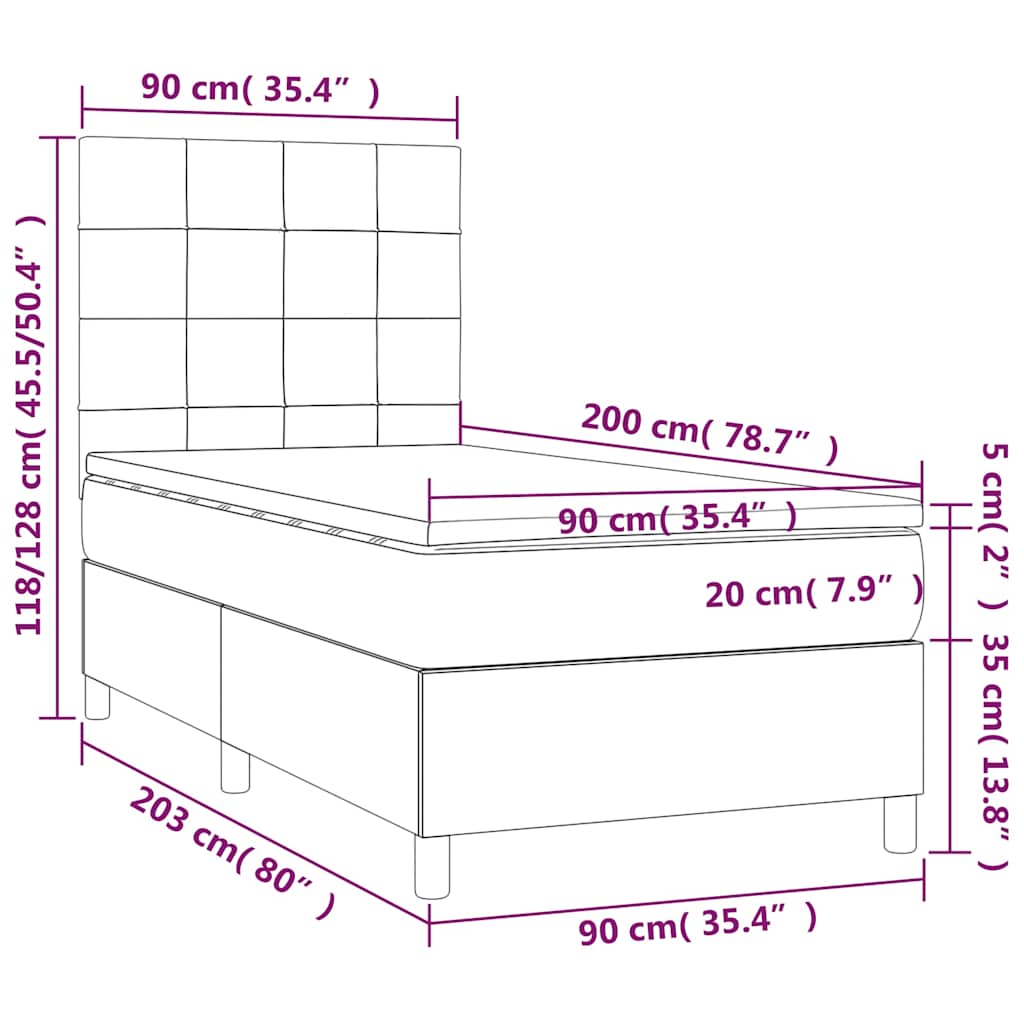 vidaXL Κρεβάτι Boxspring με Στρώμα & LED Σκ.Καφέ 90x200 εκ. Υφασμάτινο