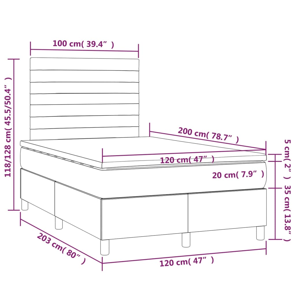 vidaXL Κρεβάτι Boxspring με Στρώμα & LED Taupe 120x200 εκ. Υφασμάτινο
