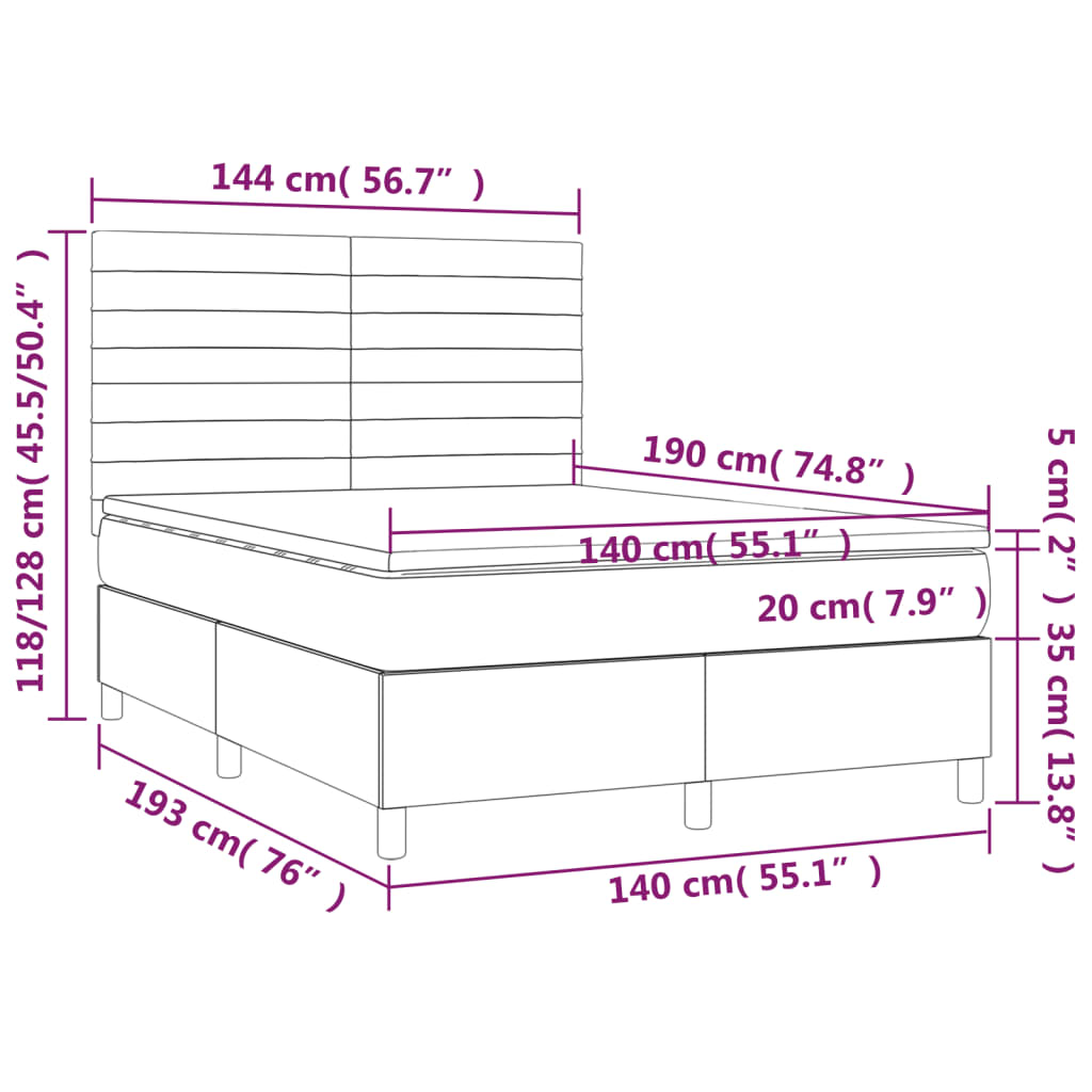 vidaXL Κρεβάτι Boxspring με Στρώμα & LED Μαύρο 140x190 εκ. Υφασμάτινο