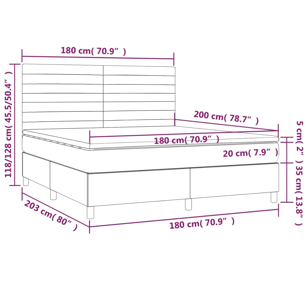 vidaXL Κρεβάτι Boxspring με Στρώμα & LED Σκ.Καφέ 180x200εκ. Υφασμάτινο