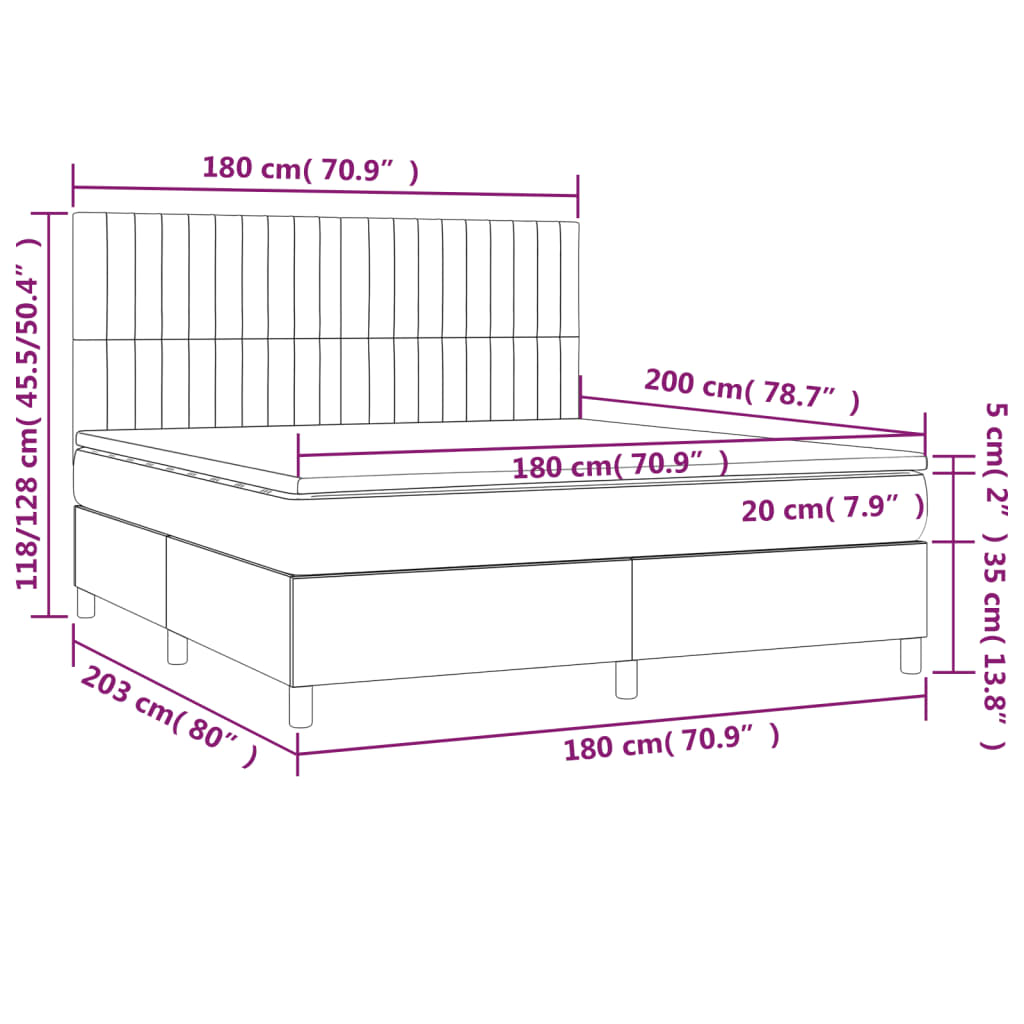 vidaXL Κρεβάτι Boxspring με Στρώμα & LED Σκ.Καφέ 180x200εκ. Υφασμάτινο