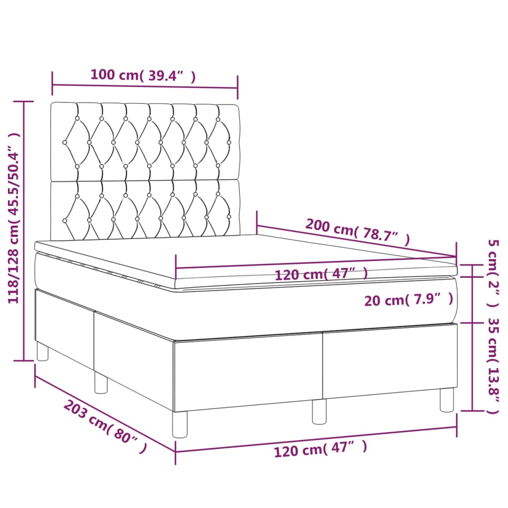 vidaXL Κρεβάτι Boxspring με Στρώμα & LED Taupe 120x200 εκ. Υφασμάτινο