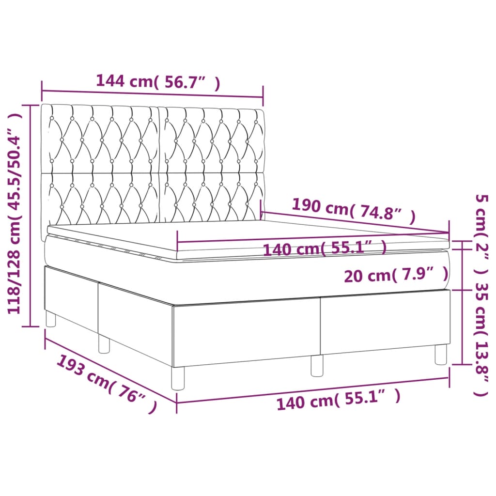 vidaXL Κρεβάτι Boxspring με Στρώμα & LED Κρεμ 140x190 εκ. Υφασμάτινο