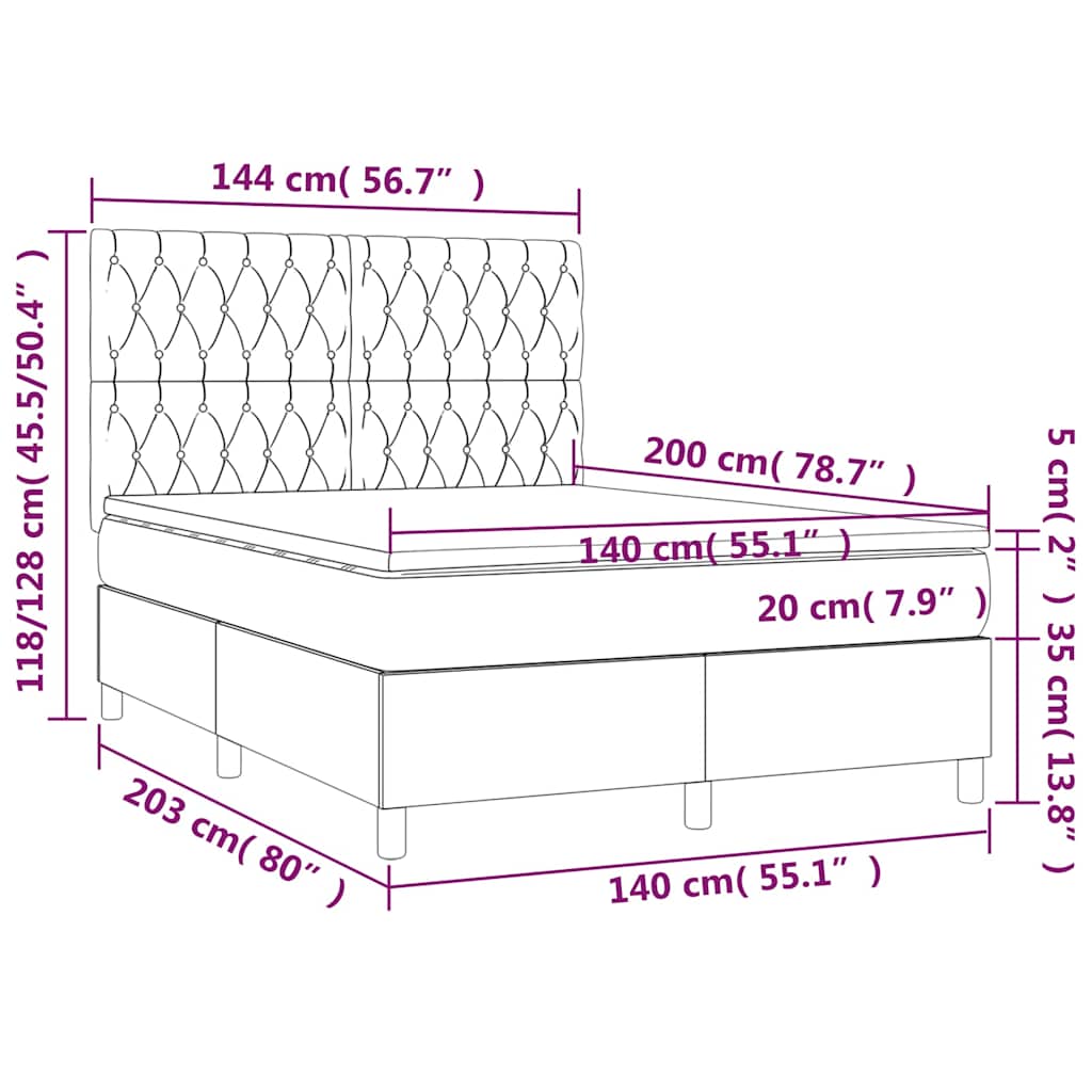 vidaXL Κρεβάτι Boxspring με Στρώμα & LED Taupe 140x200 εκ. Υφασμάτινο