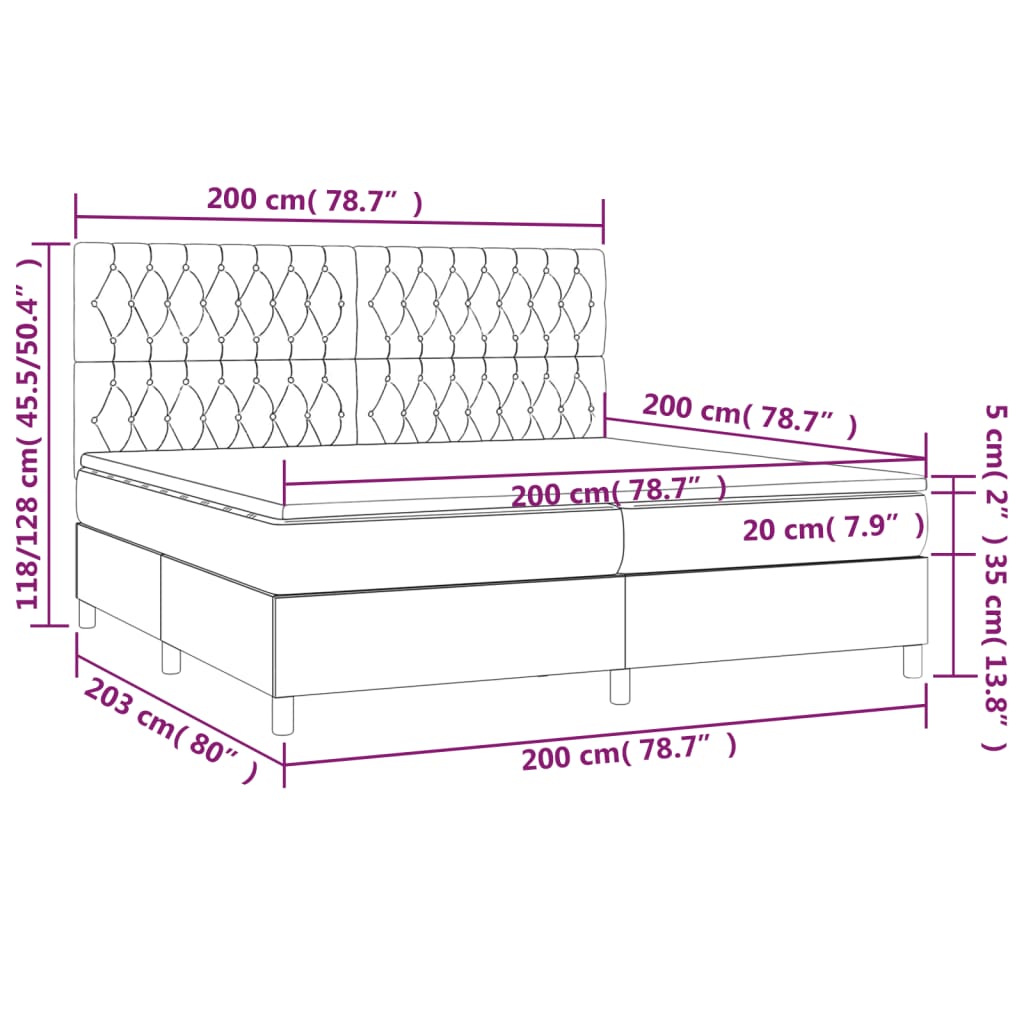vidaXL Κρεβάτι Boxspring με Στρώμα & LED Κρεμ 200x200 εκ. Υφασμάτινο