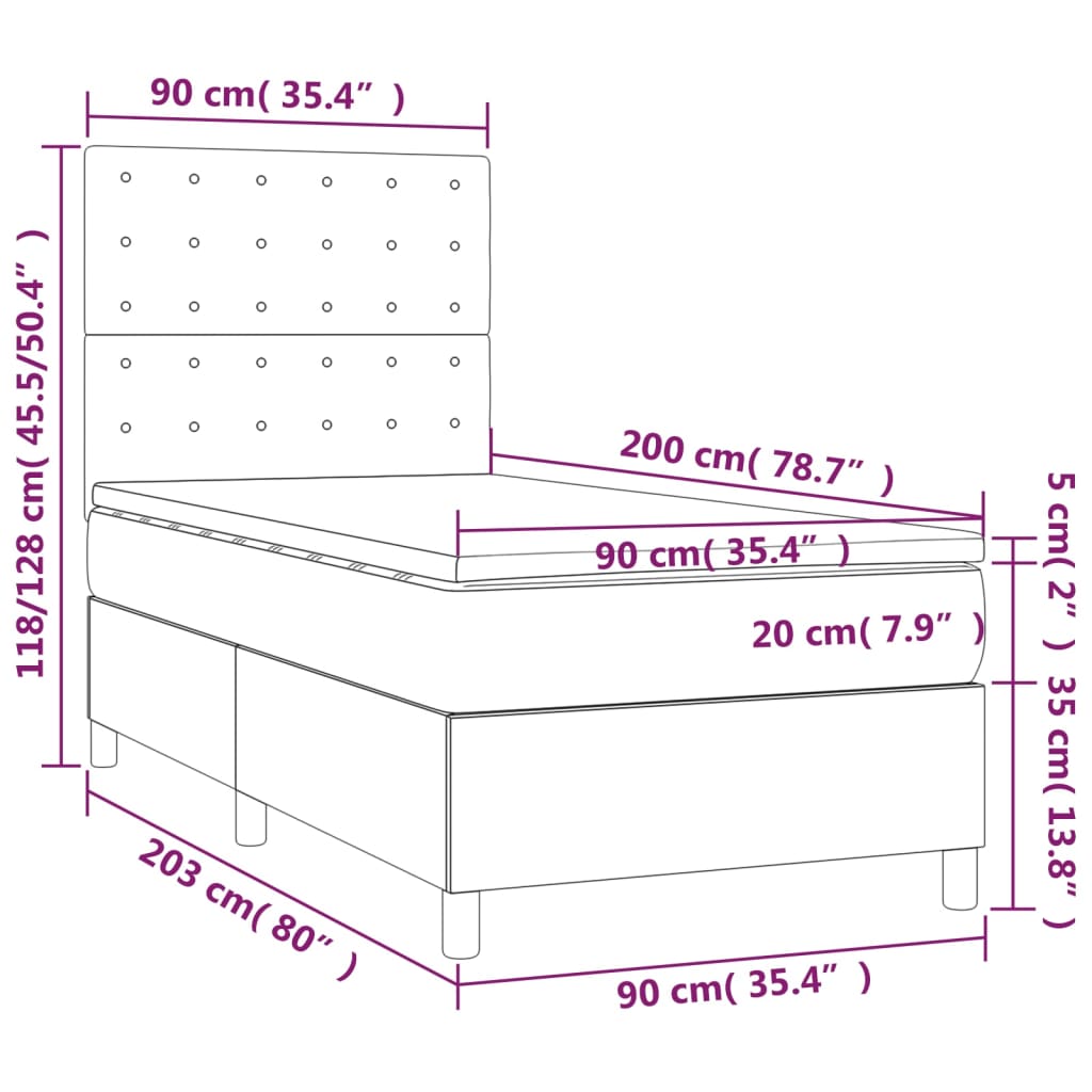 vidaXL Κρεβάτι Boxspring με Στρώμα & LED Μπλε 90x200 εκ. Υφασμάτινο