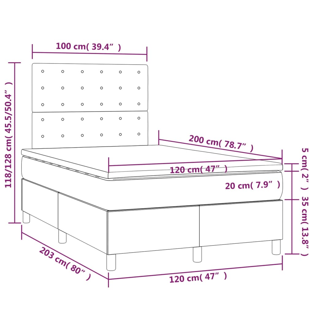vidaXL Κρεβάτι Boxspring με Στρώμα & LED Taupe 120x200 εκ. Υφασμάτινο