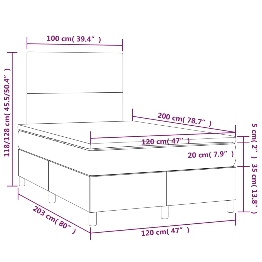 vidaXL Κρεβάτι Boxspring με Στρώμα & LED Σκ.Καφέ 120x200 εκ Υφασμάτινο