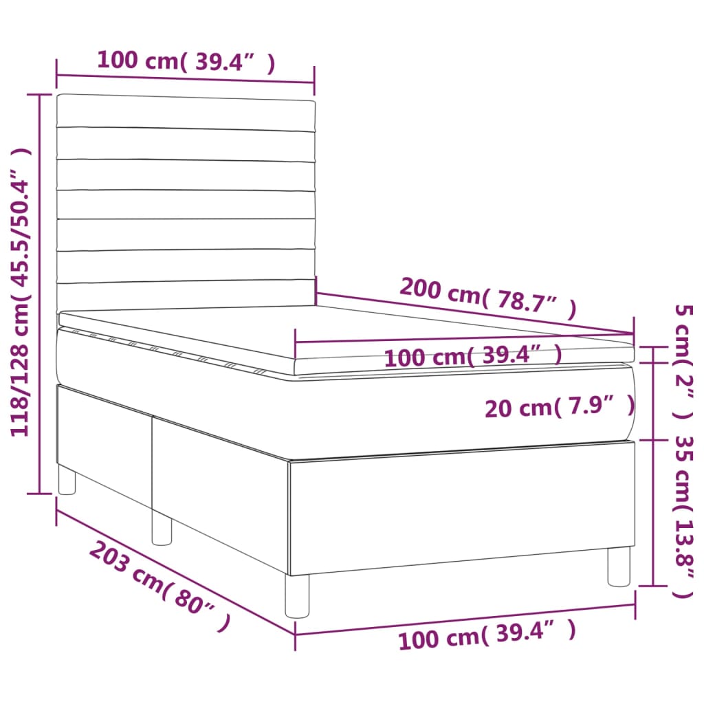 vidaXL Κρεβάτι Boxspring με Στρώμα & LED Taupe 100x200 εκ. Υφασμάτινο