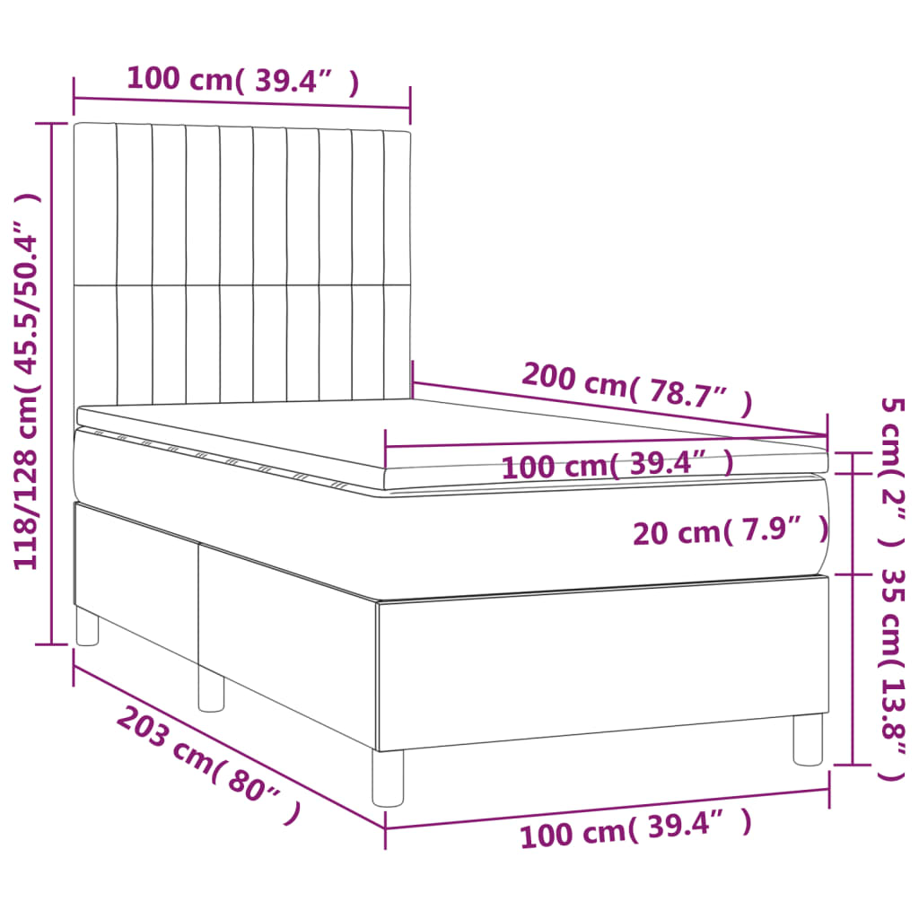 vidaXL Κρεβάτι Boxspring με Στρώμα & LED Σκ.Γκρι 100x200 εκ Υφασμάτινο