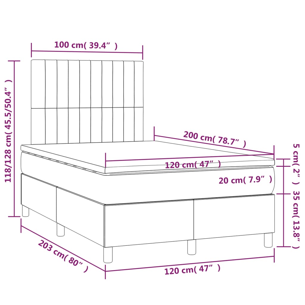 vidaXL Κρεβάτι Boxspring με Στρώμα & LED Αν.Γκρι 120x200 εκ Υφασμάτινο