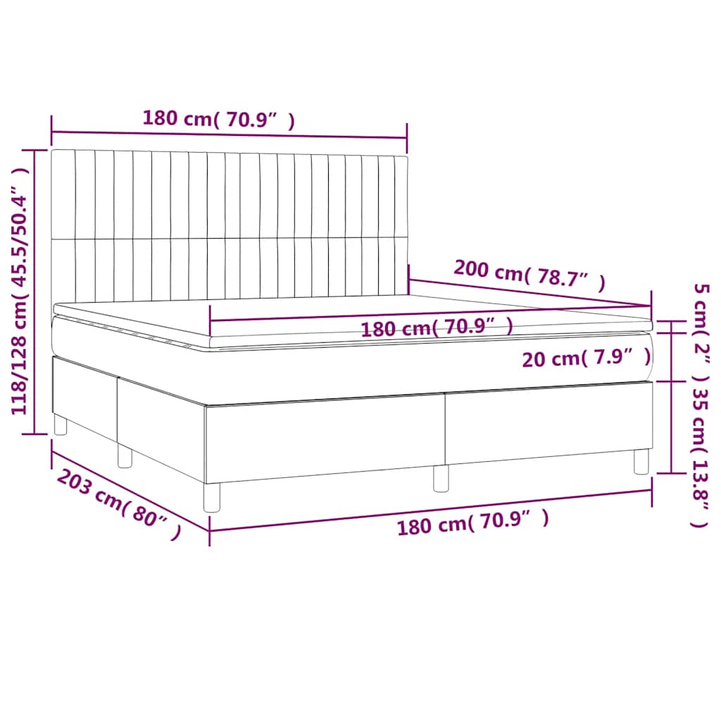 vidaXL Κρεβάτι Boxspring με Στρώμα & LED Μαύρο 180x200 εκ. Υφασμάτινο
