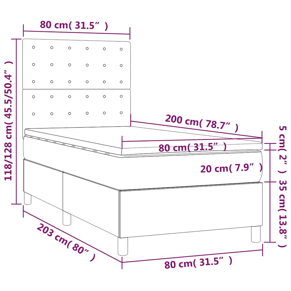 vidaXL Κρεβάτι Boxspring με Στρώμα & LED Σκ.Καφέ 80x200 εκ. Υφασμάτινο