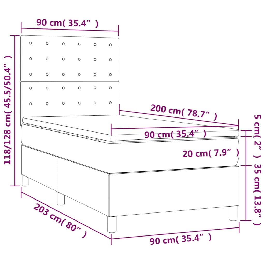 vidaXL Κρεβάτι Boxspring με Στρώμα & LED Μπλε 90x200 εκ. Υφασμάτινο