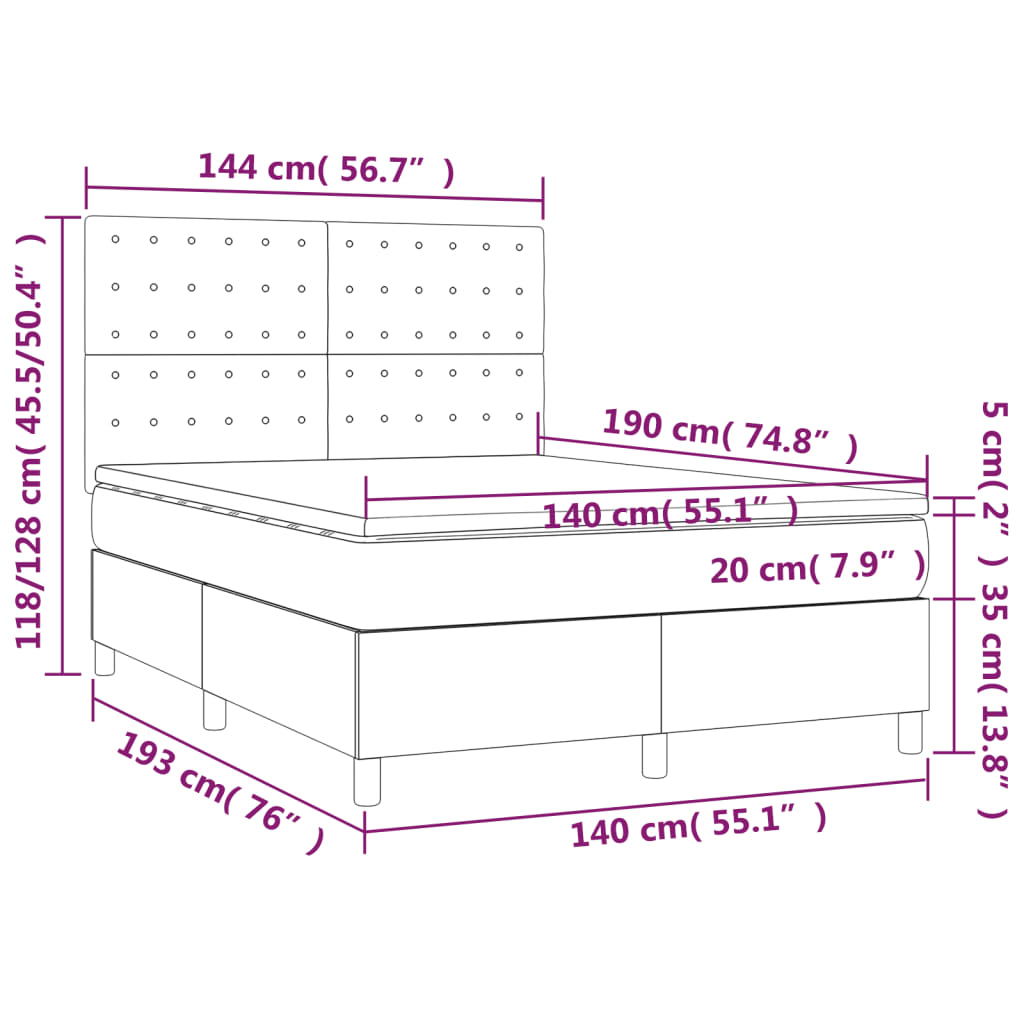 vidaXL Κρεβάτι Boxspring με Στρώμα & LED Μπλε 140x190 εκ. Υφασμάτινο