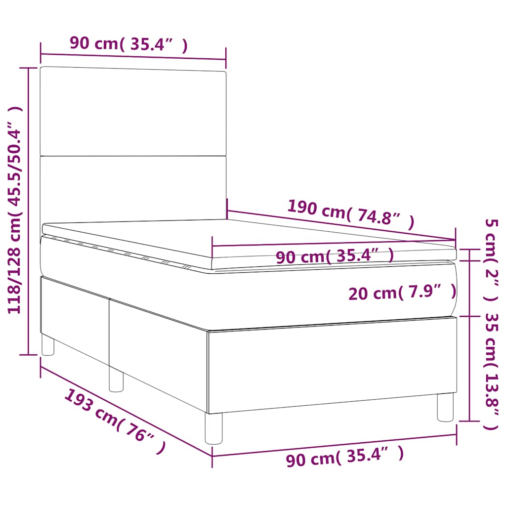 vidaXL Κρεβάτι Boxspring με Στρώμα & LED Σκ. Πράσινο 90x190 εκ Βελούδο