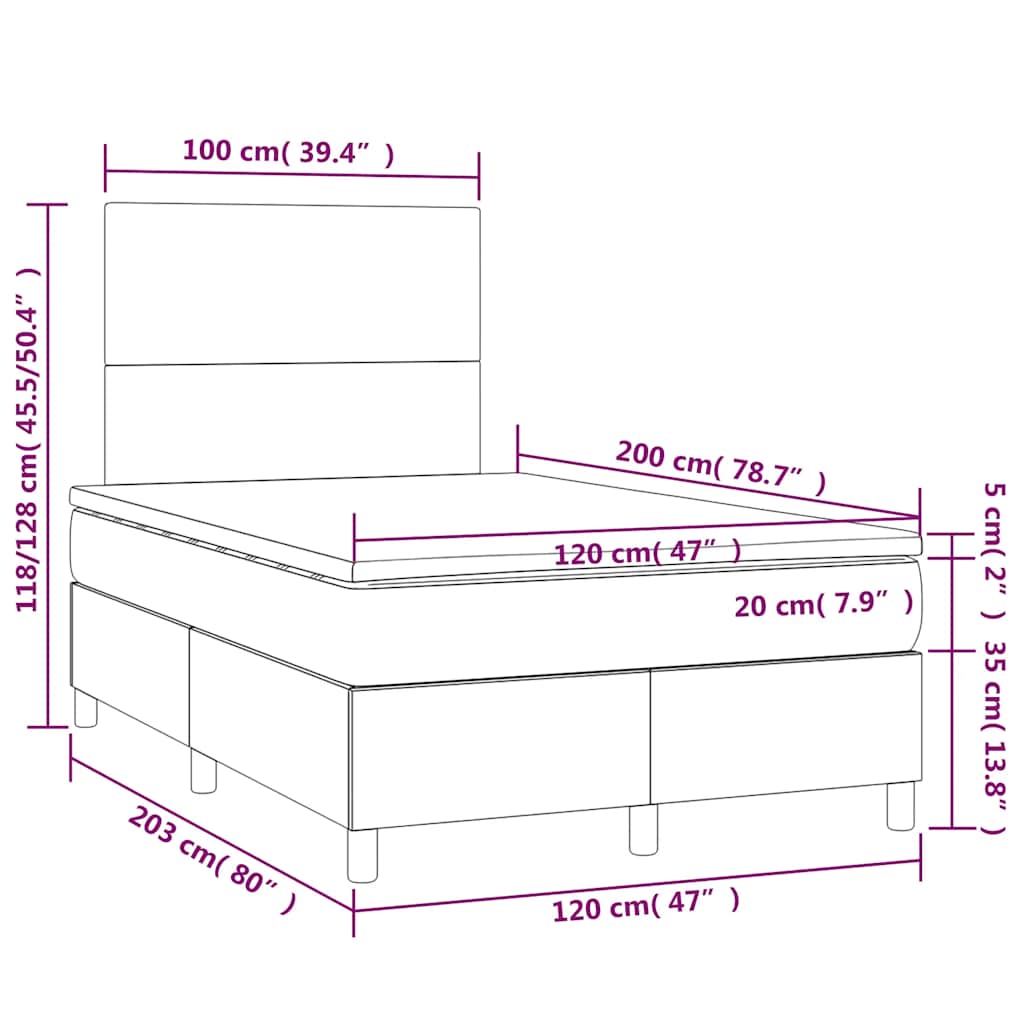 vidaXL Κρεβάτι Boxspring με Στρώμα & LED Σκ. Πράσινο 120x200εκ Βελούδο