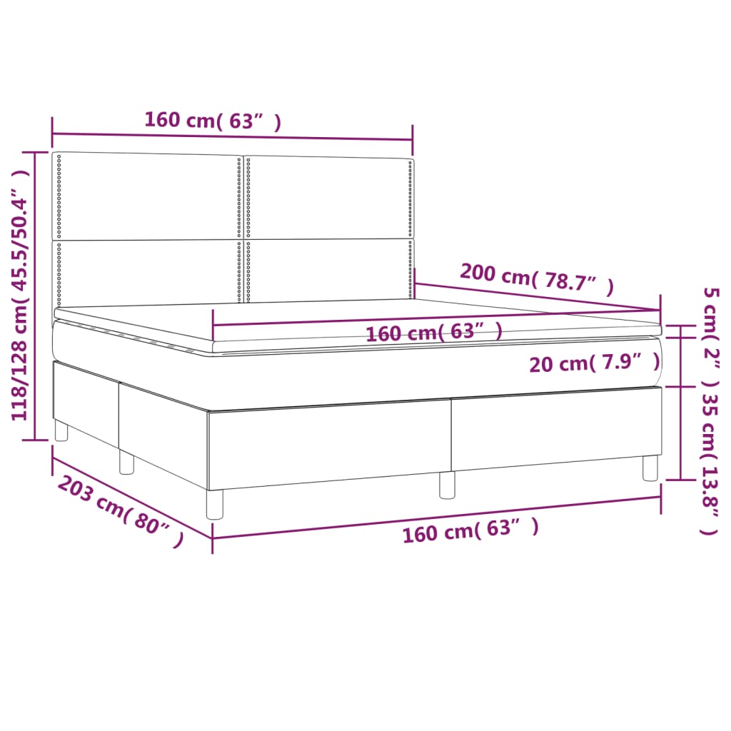 vidaXL Κρεβάτι Boxspring με Στρώμα & LED Σκ. Γκρι 160x200εκ. Βελούδινο