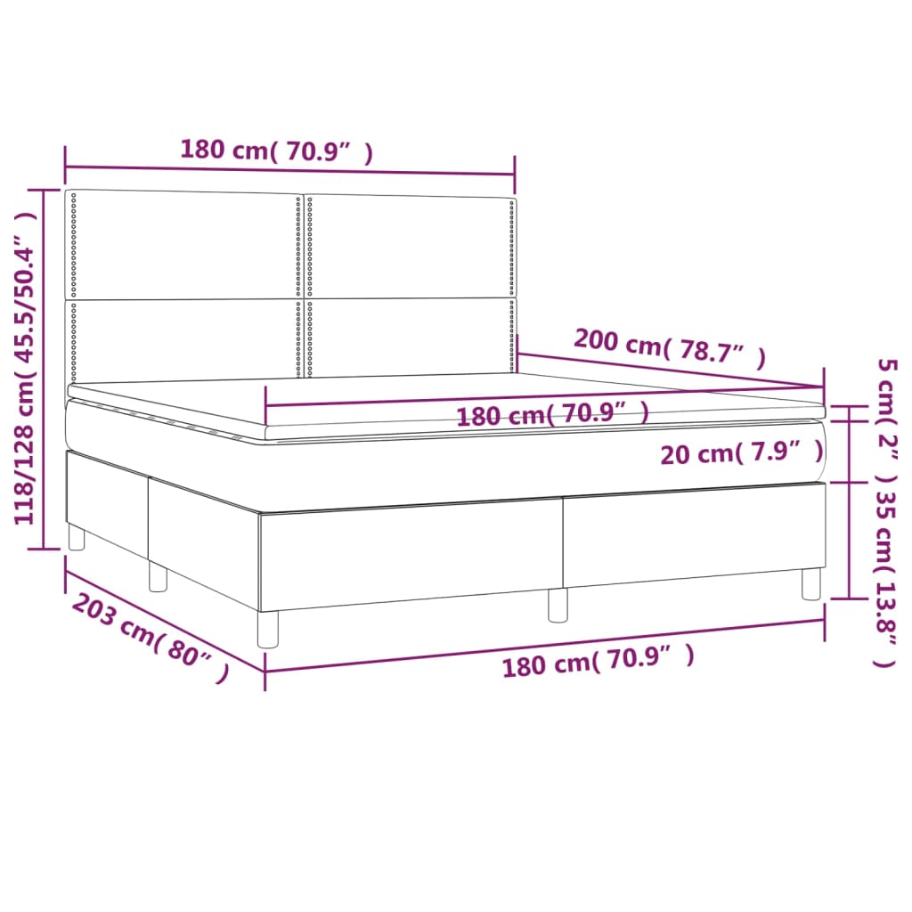 vidaXL Κρεβάτι Boxspring με Στρώμα & LED Μαύρο 180x200 εκ. Βελούδινο