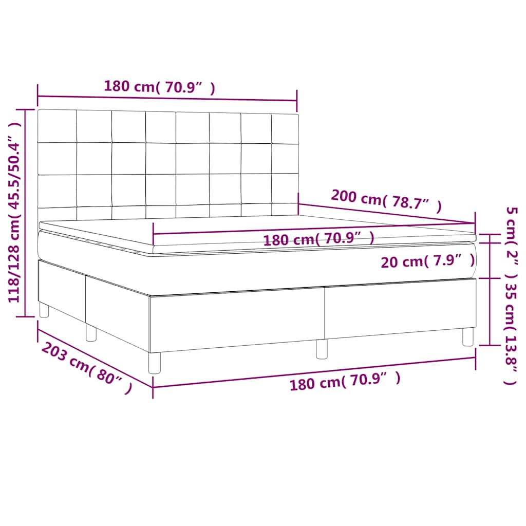 vidaXL Κρεβάτι Boxspring με Στρώμα & LED Σκ. Πράσινο 180x200εκ Βελούδο