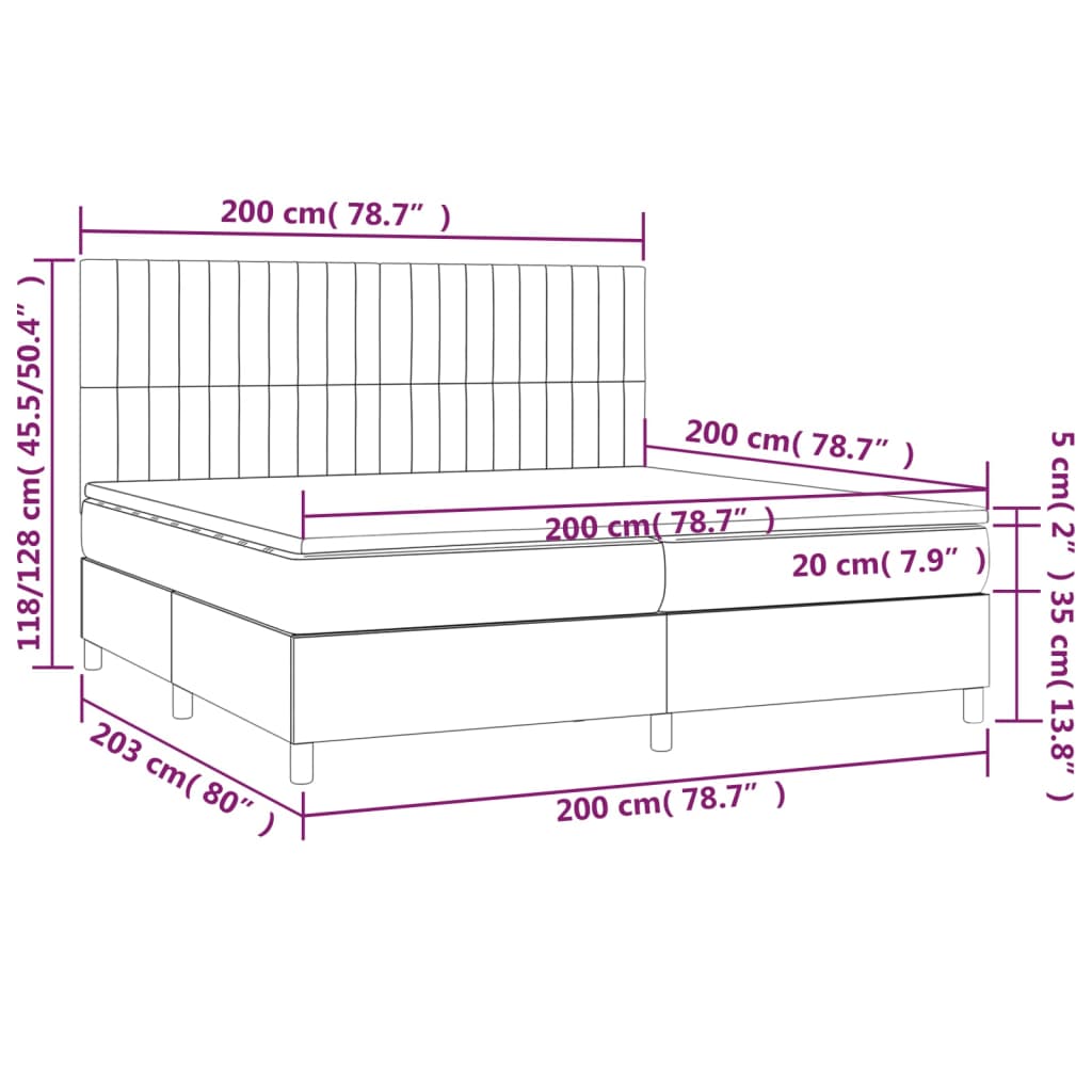 vidaXL Κρεβάτι Boxspring με Στρώμα & LED Σκ. Γκρι 200x200εκ. Βελούδινο