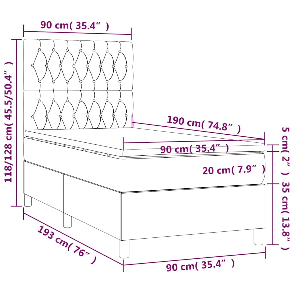 vidaXL Κρεβάτι Boxspring με Στρώμα & LED Σκ. Πράσινο 90x190 εκ Βελούδο