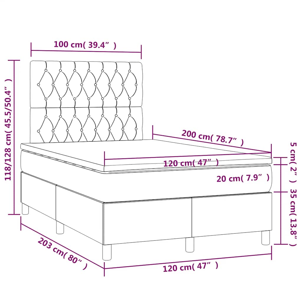 vidaXL Κρεβάτι Boxspring με Στρώμα & LED Σκ. Πράσινο 120x200εκ Βελούδο