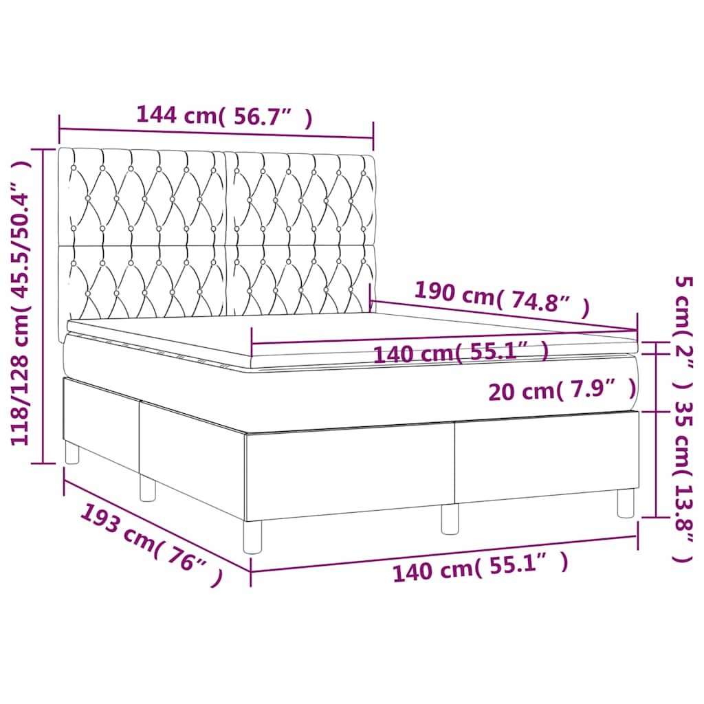 vidaXL Κρεβάτι Boxspring με Στρώμα & LED Σκ. Πράσινο 140x190εκ Βελούδο