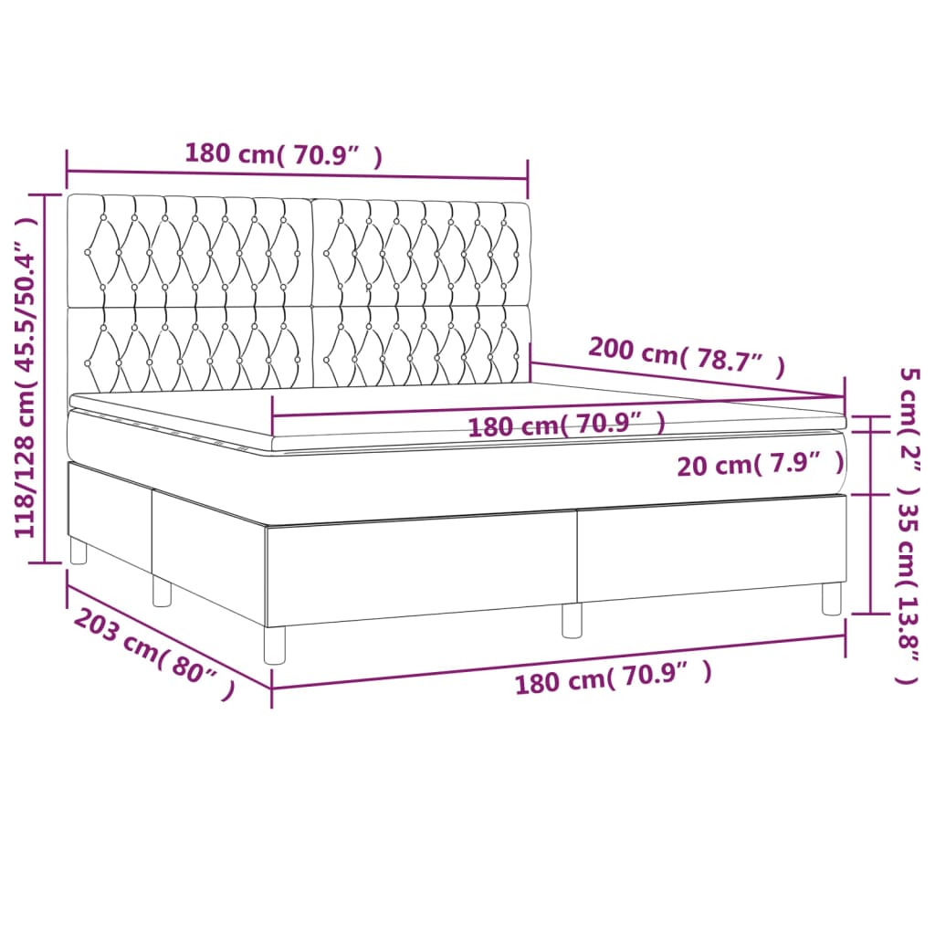 vidaXL Κρεβάτι Boxspring με Στρώμα & LED Ροζ 180x200 εκ. Βελούδινο