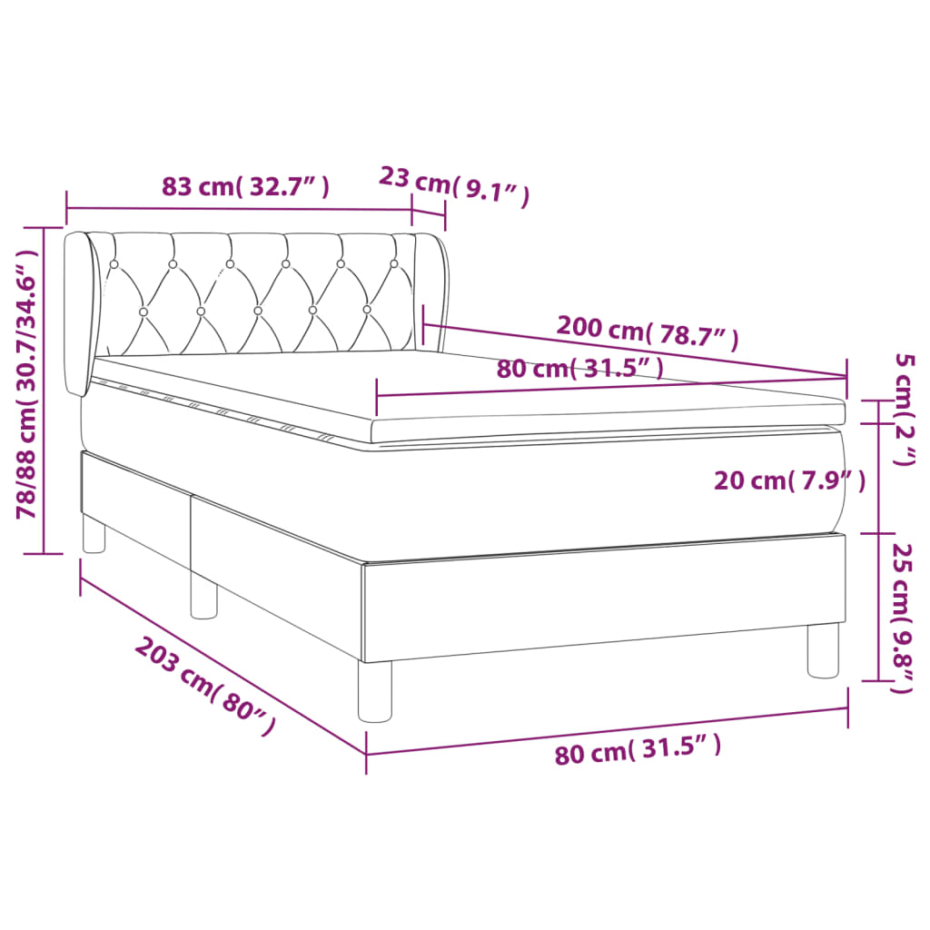 vidaXL Κρεβάτι Boxspring με Στρώμα Κρεμ 80 x 200 εκ. Υφασμάτινο