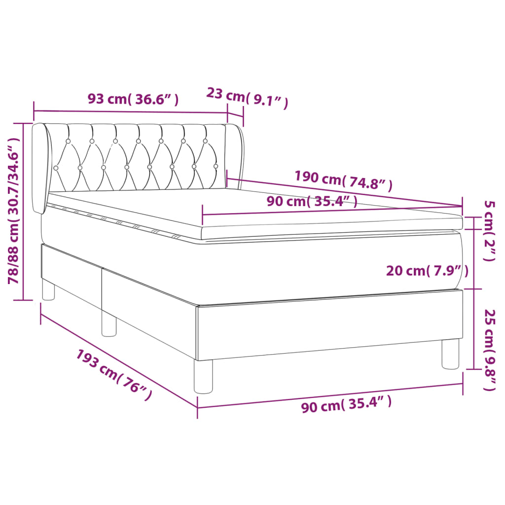 vidaXL Κρεβάτι Boxspring με Στρώμα Κρεμ 90x190 εκ.Υφασμάτινο